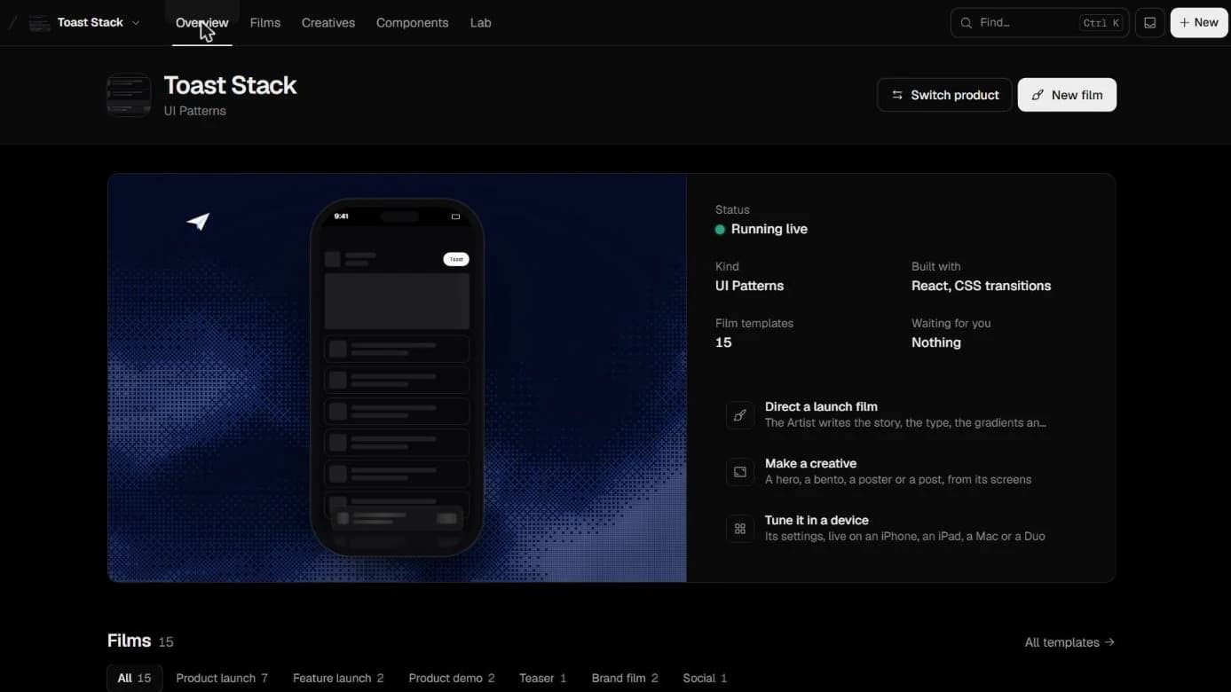 Product overview with film templates