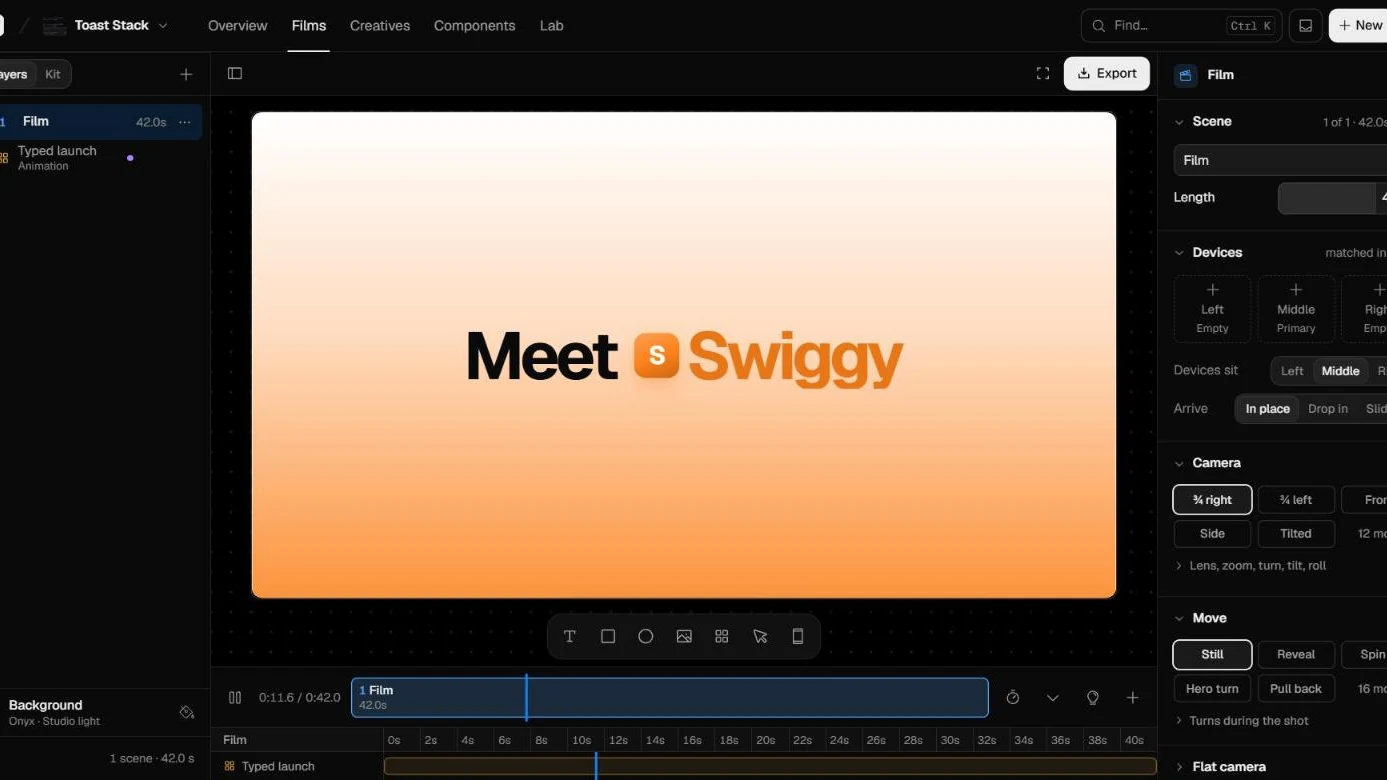 Studio with a launch film timeline